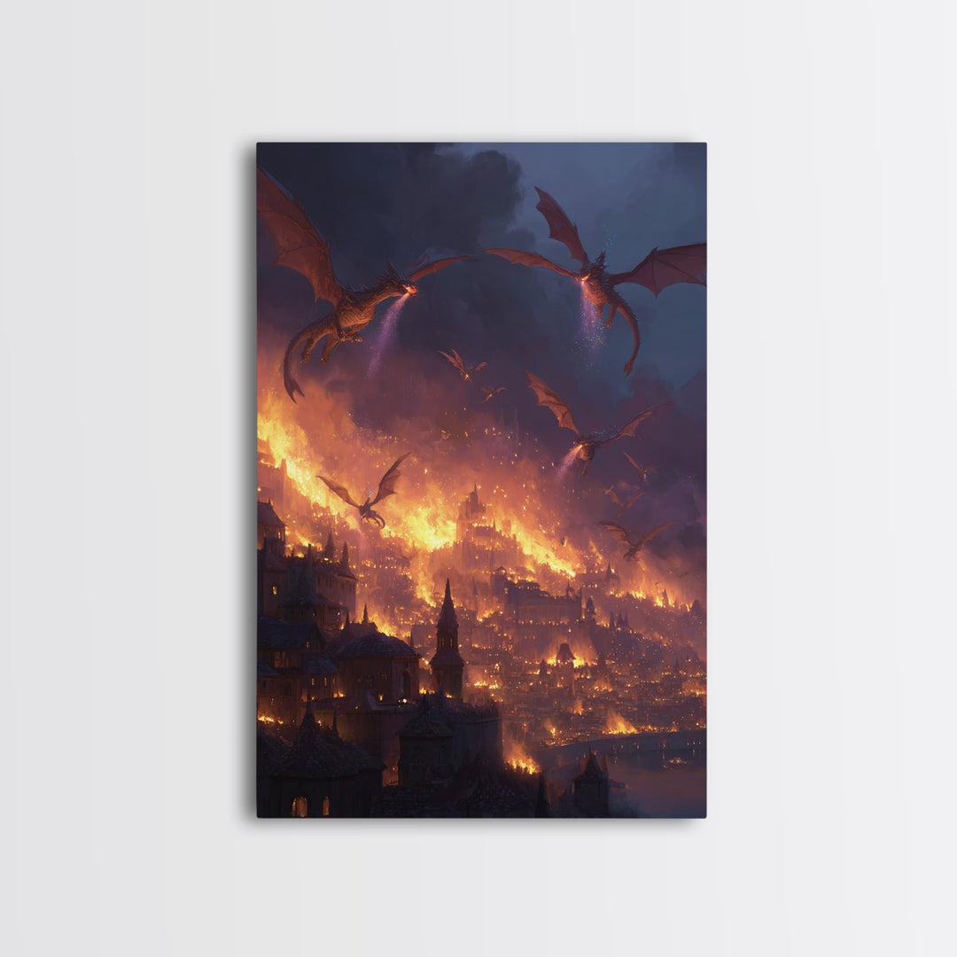 Burning Dragon Siege Over Medieval City Wall Art, Dark Fantasy Canvas Print, Gothic Castle Decor, Epic Fire Dragon Artwork