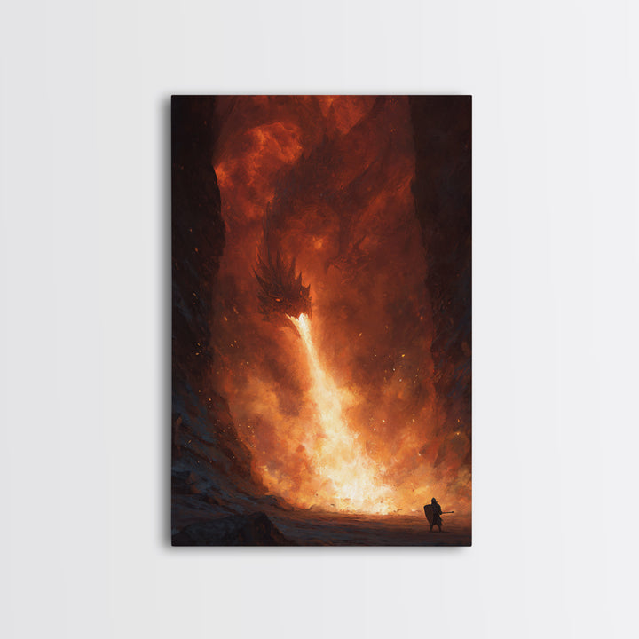 Lone Warrior Facing Fire Breathing Dragon Canvas Print, Dark Fantasy Wall Art, Epic Cave Battle Decor, Dramatic Monster Art