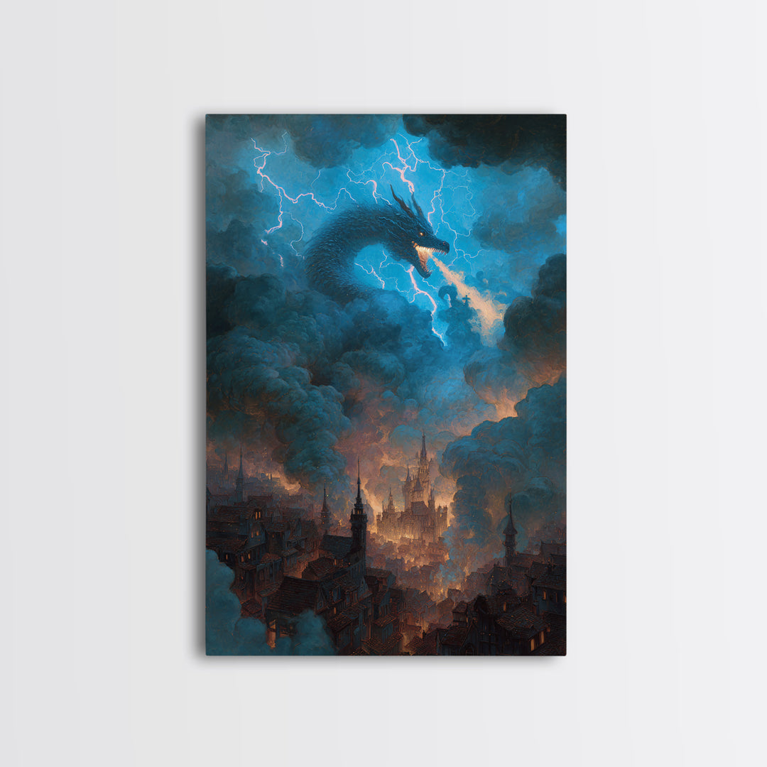 Storm Dragon Above Smoky Gothic City Wall Art, Electric Blue Fantasy Canvas Print, Dark Academia Decor, Epic Monster Artwork