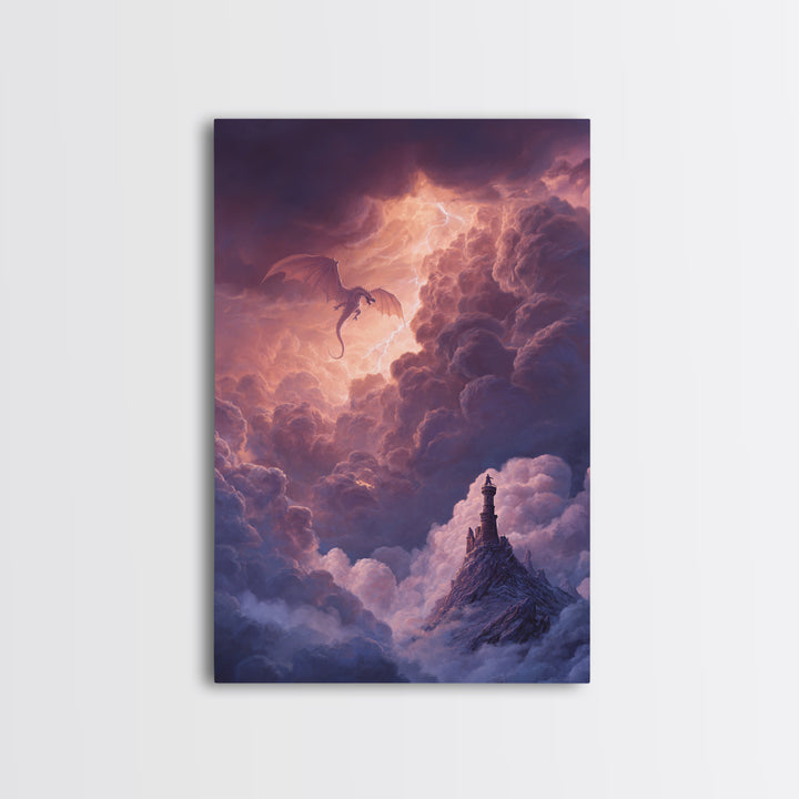Dragon Flying Through Thunderclouds Framed Canvas Print, Fantasy Wall Art, Moody Sky Landscape, Castle Tower Decor, Epic Fantasy Gift