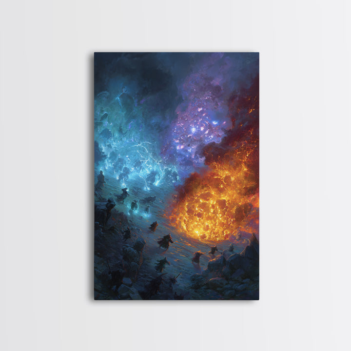 Elemental Fire And Ice Battle Wall Art, Epic Fantasy Canvas Print, Surreal Magic Landscape, Dramatic Warrior Decor, Adventure Artwork