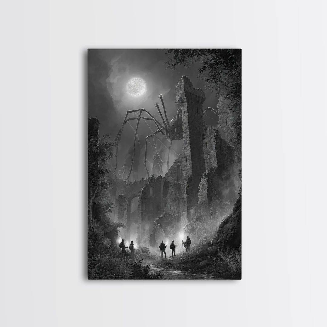 Giant Spider Haunting Moonlit Ruins Wall Art, Black And White Framed Canvas Print, Gothic Horror Decor, Creepy Fantasy Art