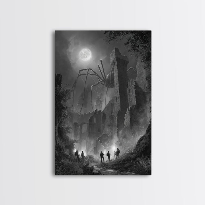 Giant Spider Haunting Moonlit Ruins Wall Art, Black And White Framed Canvas Print, Gothic Horror Decor, Creepy Fantasy Art