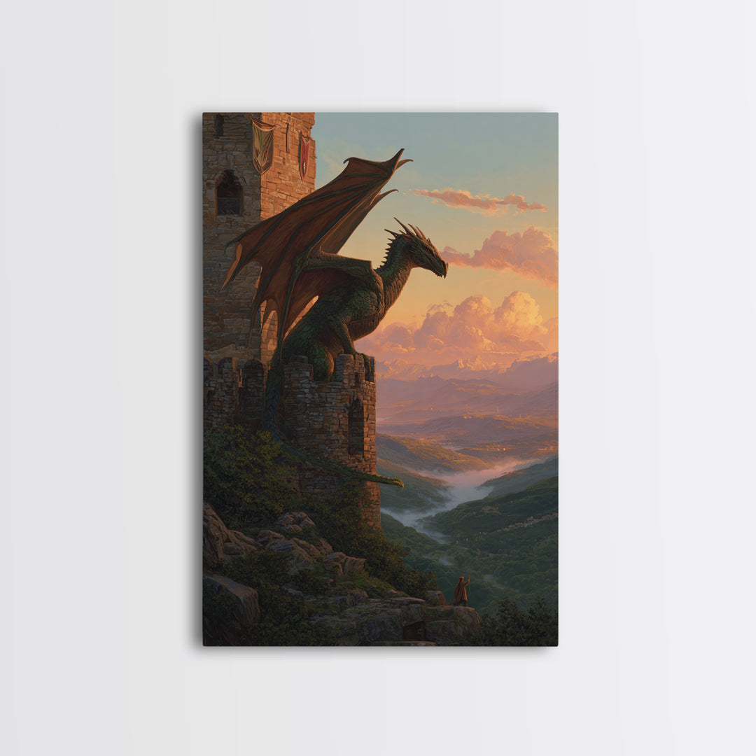 Green Dragon Guarding Mountain Castle Wall Art, Epic Fantasy Canvas Print, Medieval Valley Landscape, Statement Home Decor