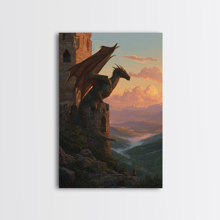 Green Dragon Guarding Mountain Castle Wall Art, Epic Fantasy Canvas Print, Medieval Valley Landscape, Statement Home Decor
