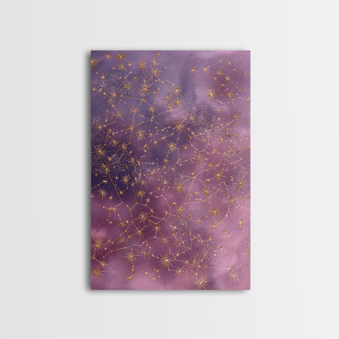 Gold Constellation Wall Art, Purple Astrology Sky Canvas, Celestial Zodiac Decor, Mystical Star Map Print For Bedroom Decor