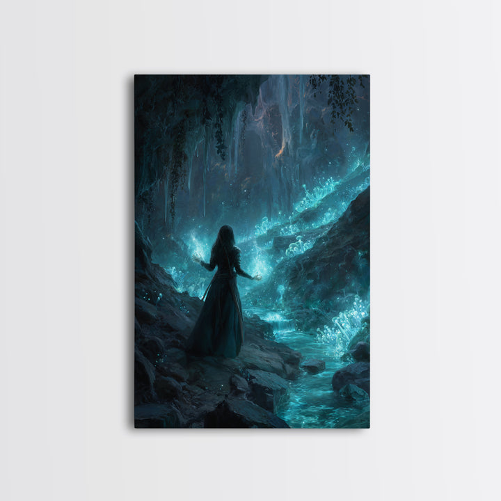 Glowing Crystal Cavern Sorceress Wall Art, Fantasy Art Print, Mystical Blue Cave Decor, Witchy Home Decor Gift For Her, Room Decor