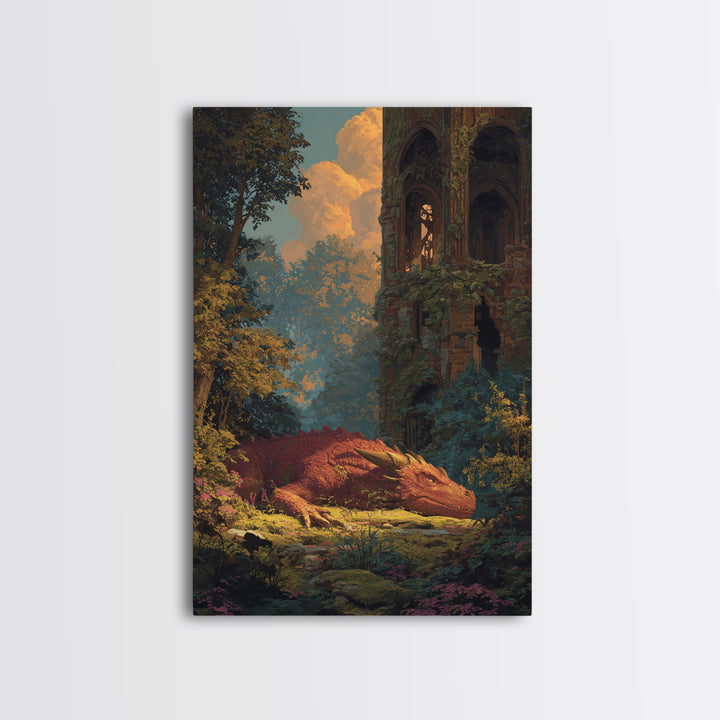Sleeping Golden Dragon In Overgrown Ruins Canvas Print, Fantasy Wall Decor, Dragon Art, Storybook Castle Home Decor, Housewarming Gift