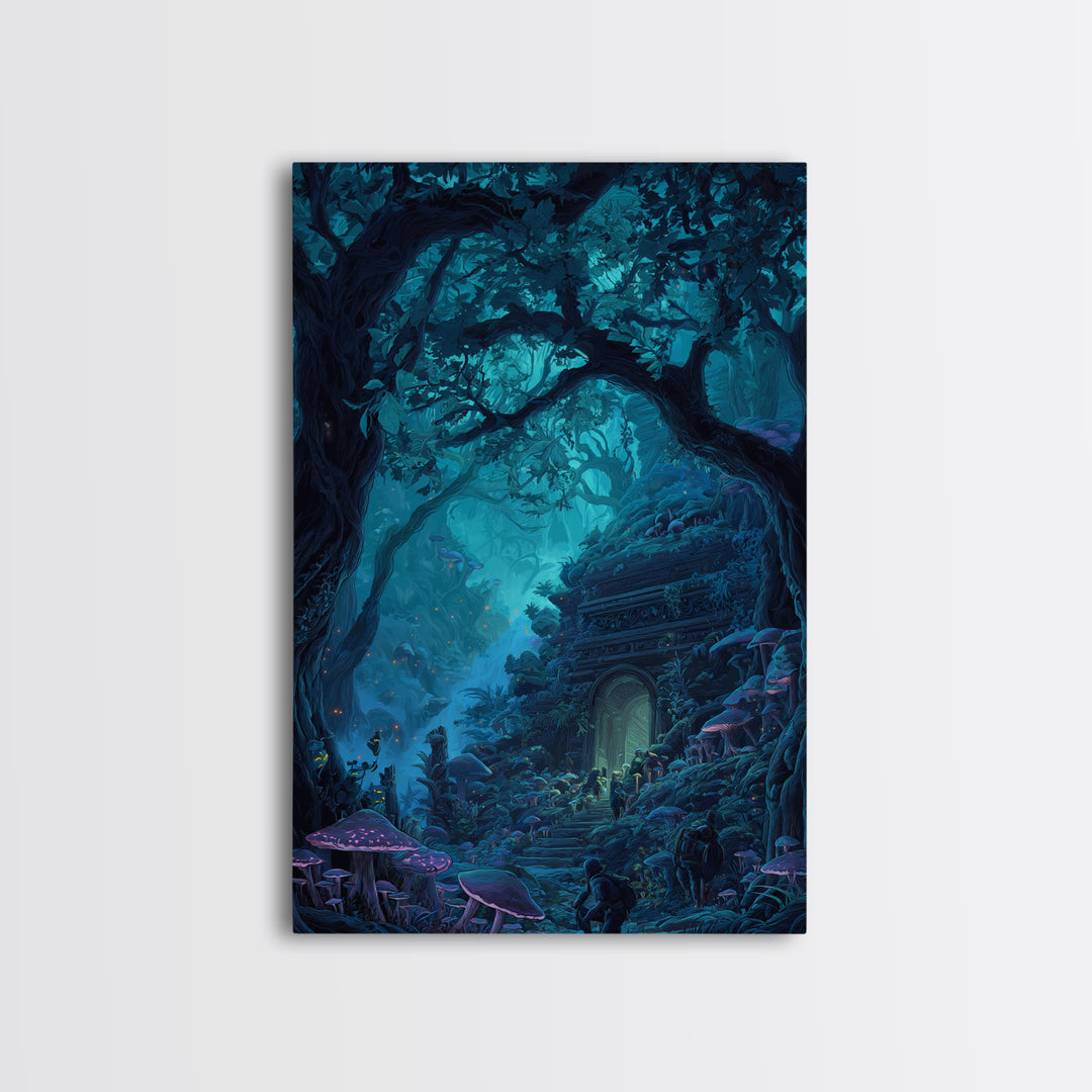 Enchanted Blue Forest Door Framed Canvas Print, Mushroom Wall Art, Fantasy Woodland Decor, Magical Library Art Print, Gift For Her