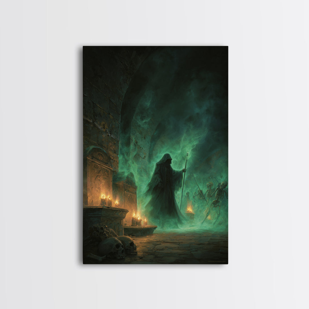 Green Necromancer Dungeon Wall Art, Dark Fantasy Canvas Print, Skeleton Gothic Decor, Witchy Macabre Home Decor, Gift For Him