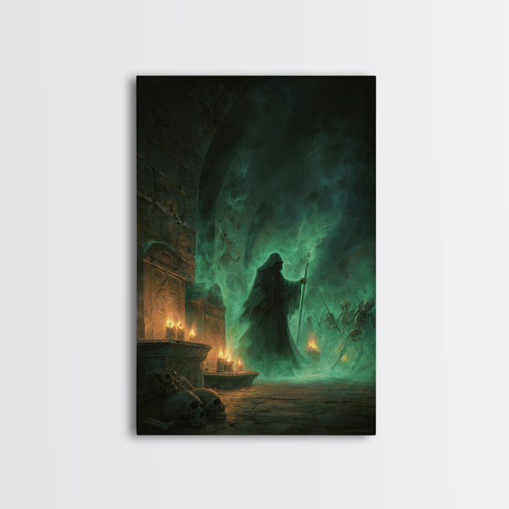 Green Necromancer Dungeon Wall Art, Dark Fantasy Canvas Print, Skeleton Gothic Decor, Witchy Macabre Home Decor, Gift For Him