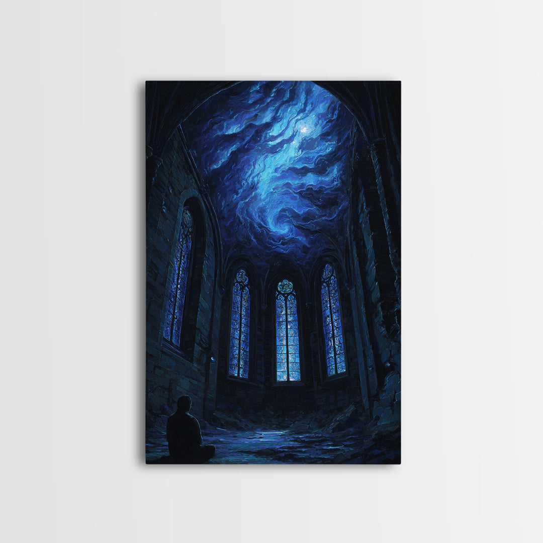 Blue Cosmic Chapel Ruins Canvas Print, Celestial Wall Art, Gothic Architecture Decor, Dark Academia Fantasy Art Print, Home Decor