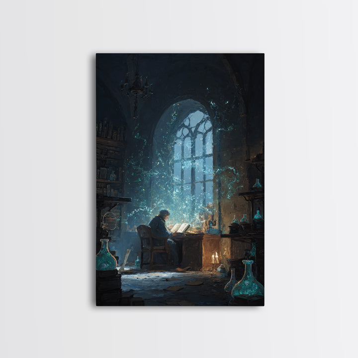 Alchemist Reading In Candlelit Library Framed Canvas Print, Dark Academia Wall Art, Wizard Study Decor, Bookish Gift For Readers