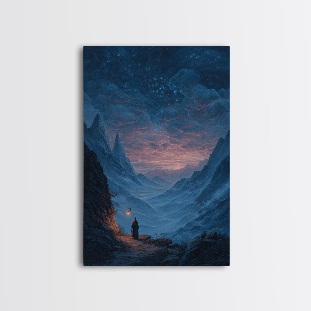 Starry Mountain Valley Pilgrim Wall Art, Fantasy Landscape Canvas Print, Celestial Night Sky Decor, Moody Blue Art Print
