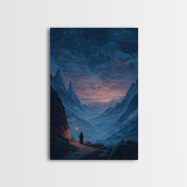 Starry Mountain Valley Pilgrim Wall Art, Fantasy Landscape Canvas Print, Celestial Night Sky Decor, Moody Blue Art Print