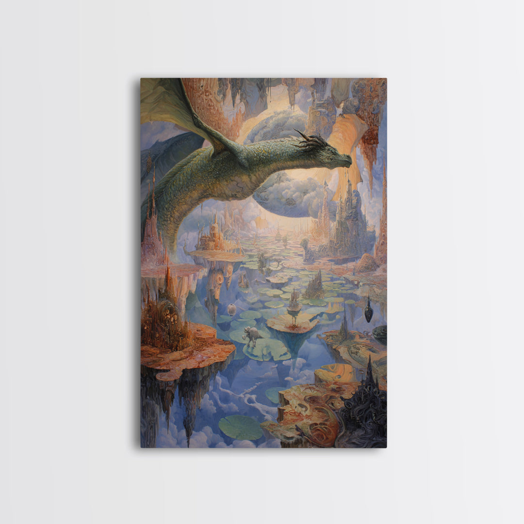 Giant Dragon Over Floating Kingdom Canvas Print, Fantasy Wall Art, Surreal Castle Landscape, Dreamy Storybook Decor, Gift For Her