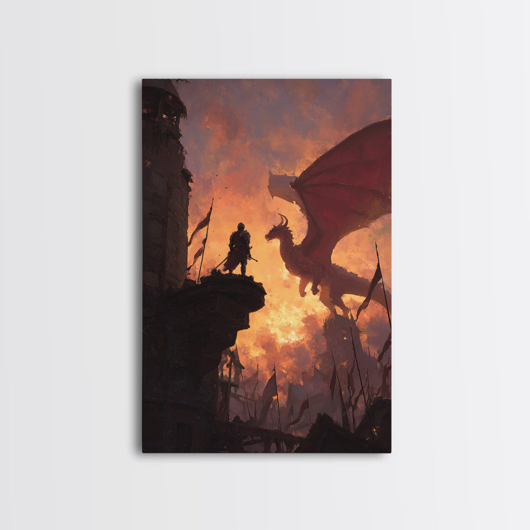 Knight Facing Red Dragon Wall Art, Epic Fantasy Canvas Print, Medieval Castle Decor, Dragon Artwork Gift For Him, Living Room Decor