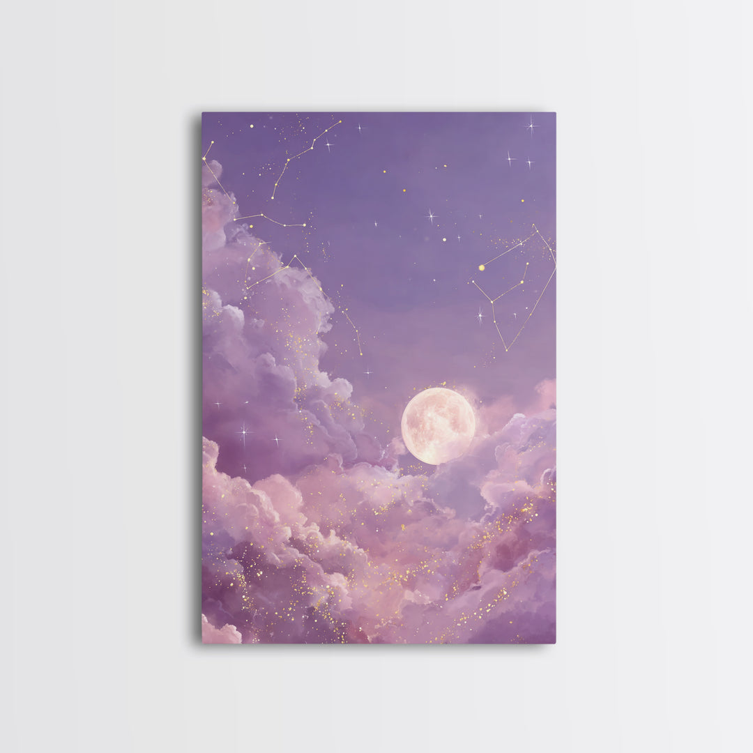 Full Moon Cloud Canvas Print, Lavender Celestial Sky Art, Zodiac Constellation Decor, Dreamy Nursery Wall Art For Bedroom
