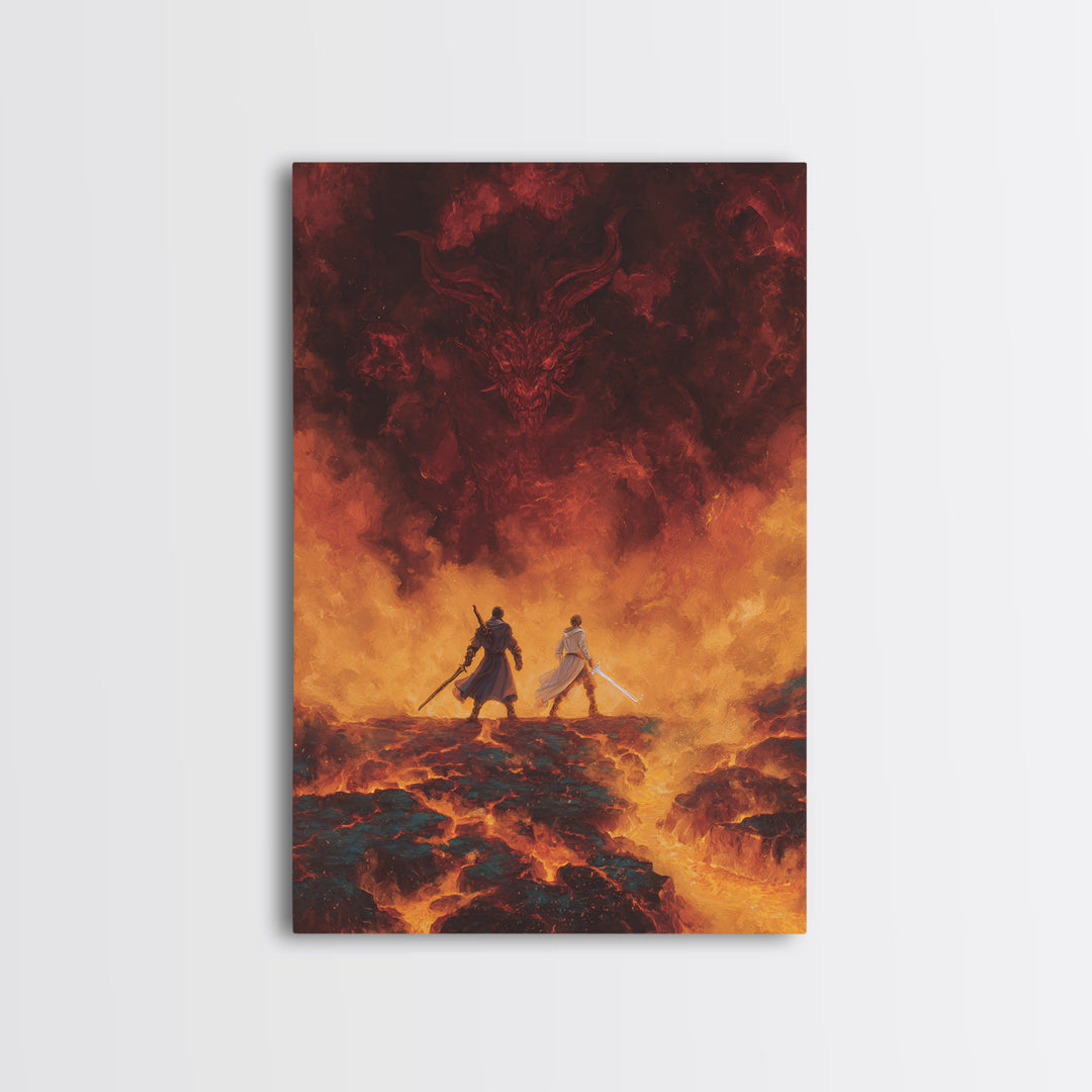 Fiery Demon And Lava Warriors Wall Art, Dark Fantasy Battle Canvas, Gothic Game Room Decor, Epic Dragon Gift For Him, Large Print
