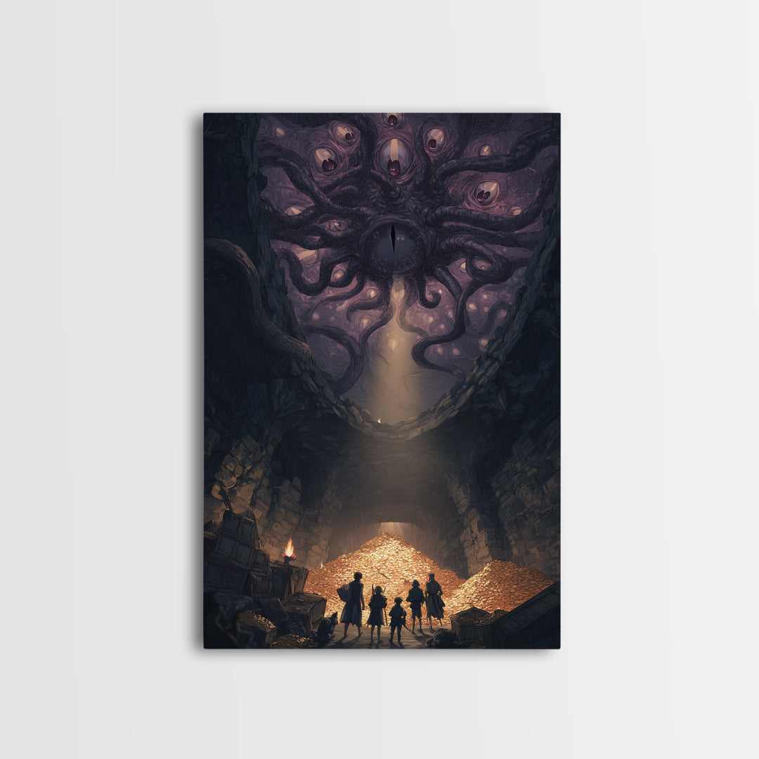 Eldritch Many Eyed Monster Framed Canvas Print, Dark Fantasy Cave Treasure Wall Decor, Gothic Horror Art For Game Room Gift