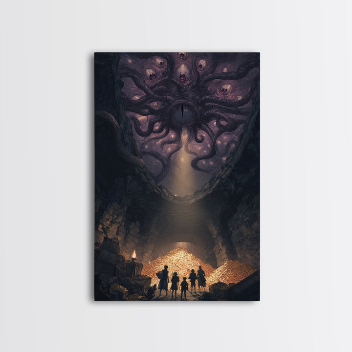 Eldritch Many Eyed Monster Framed Canvas Print, Dark Fantasy Cave Treasure Wall Decor, Gothic Horror Art For Game Room Gift