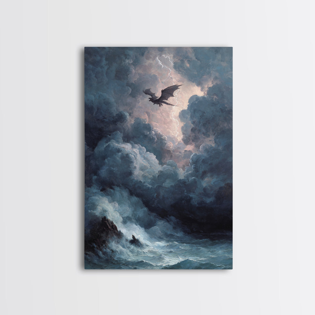 Storm Dragon Over Dark Ocean Wall Art, Gothic Fantasy Canvas Print, Moody Seascape Decor, Lightning Art Gift For Him, Large Print