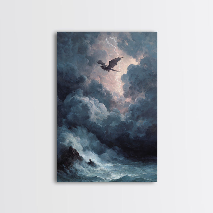 Storm Dragon Over Dark Ocean Wall Art, Gothic Fantasy Canvas Print, Moody Seascape Decor, Lightning Art Gift For Him, Large Print