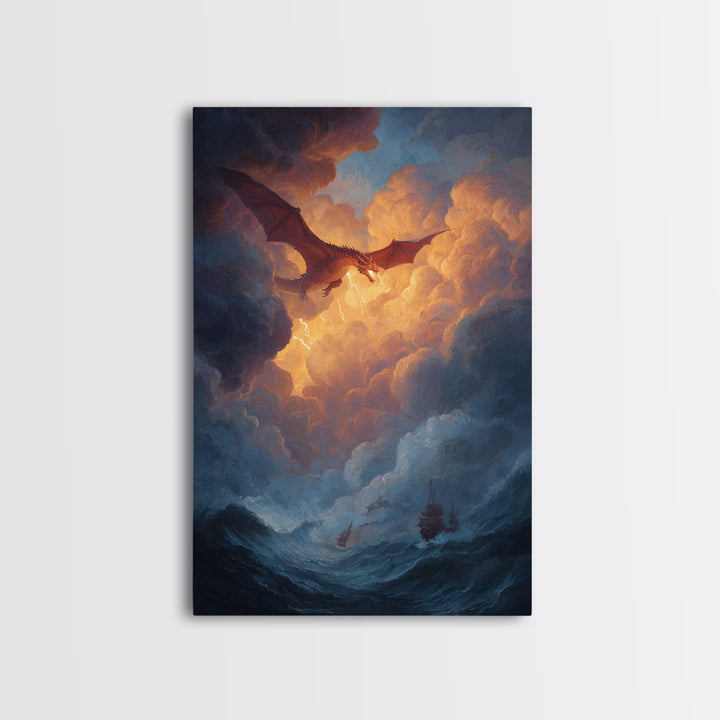 Golden Sky Dragon Above Stormy Sea Framed Canvas Print, Epic Fantasy Wall Art, Ocean Seascape Decor, Dragon Gift For Him