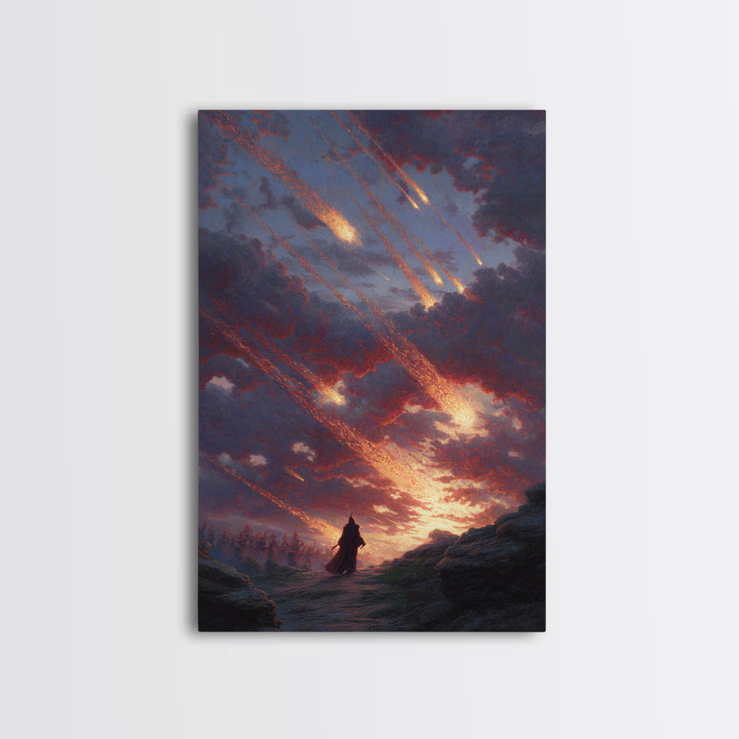 Falling Meteors Over Lone Traveler Wall Art, Apocalyptic Fantasy Canvas Print, Dark Landscape Decor, Dramatic Sky Art Gift
