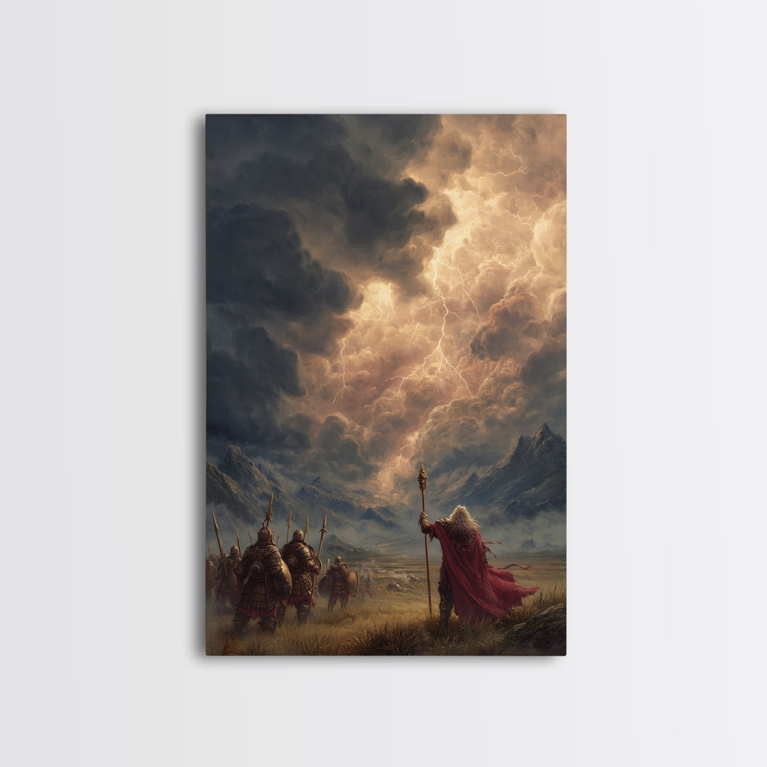 Warrior Army And Lightning Mage Framed Canvas Print, Epic Fantasy Wall Art, Mountain Landscape Decor, Viking Gift For Him