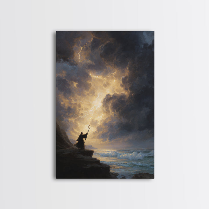 Storm Wizard On Sea Cliff Wall Art, Lightning Sky Canvas Print, Dark Fantasy Seascape Decor, Gothic Coastal Gift For Him