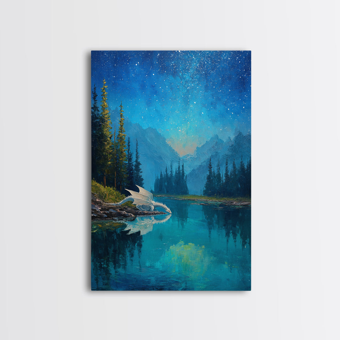 White Dragon Beside Starry Alpine Lake Wall Art, Fantasy Landscape Canvas Print, Blue Nature Decor, Dragon Nursery Gift For Kids