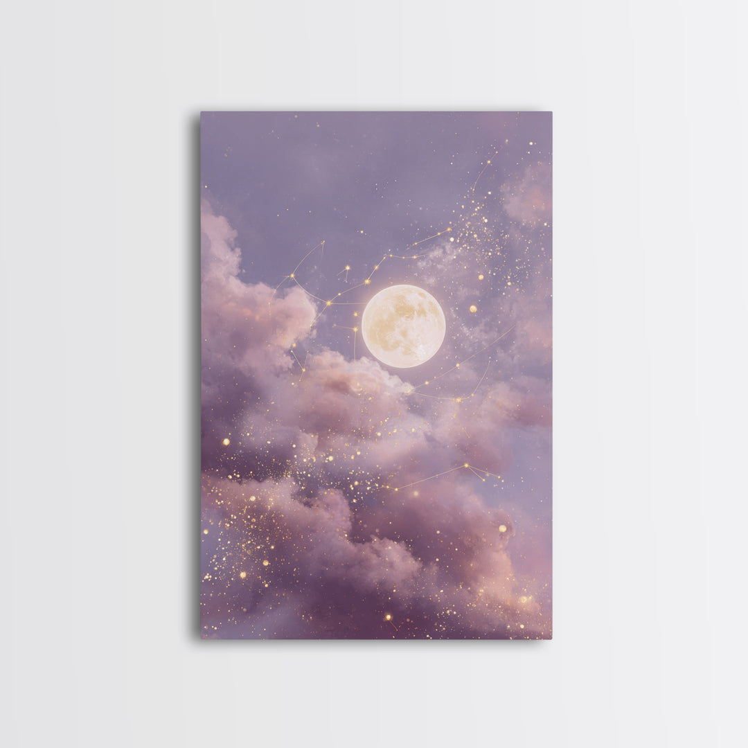 Glowing Moon And Star Cloud Wall Art, Lavender Celestial Canvas, Zodiac Constellation Decor, Dreamy Bedroom Print For Her