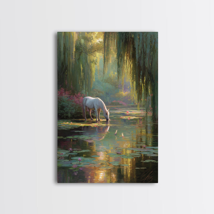 White Horse By Lily Pond Wall Art, Enchanted Forest Fantasy Canvas, Whimsical Nature Decor, Fairy Tale Living Room Art Print