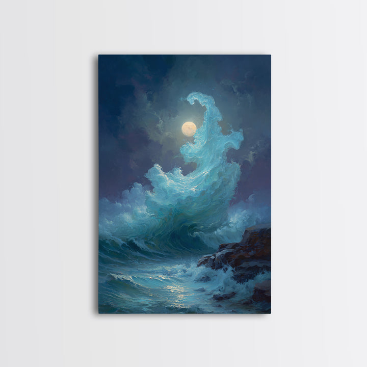 Moonlit Turquoise Wave Canvas Print, Dramatic Ocean Seascape Wall Decor, Coastal Fantasy Art For Bedroom And Living Room