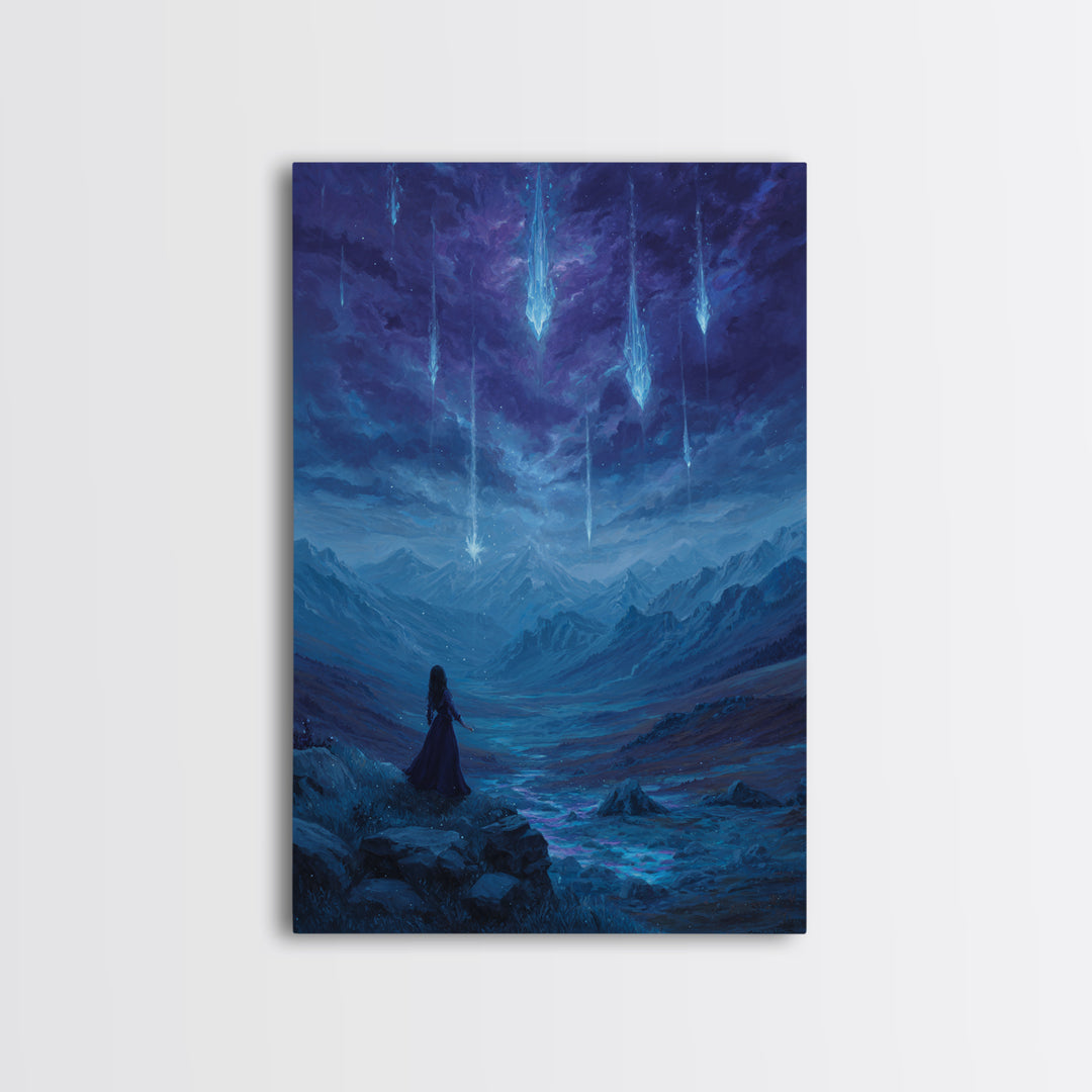 Celestial Meteor Valley Wall Art, Blue Mountain Fantasy Landscape, Mystical Night Sky Decor For Bedroom Or Office Canvas Print