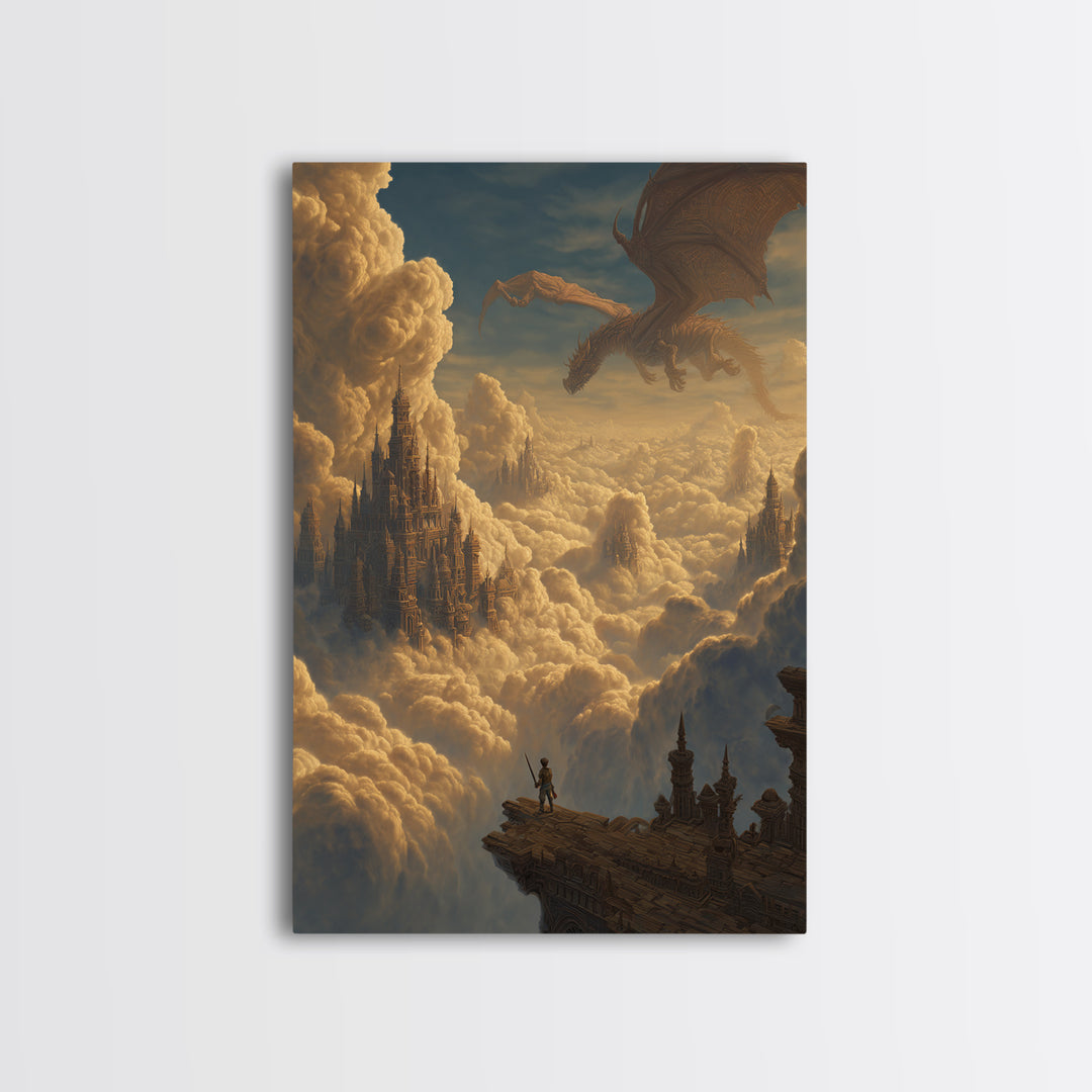 Dragon Over Cloud Kingdom Framed Canvas Print, Epic Fantasy Castle Wall Decor, Mythical Adventure Art For Gamer Room Gift