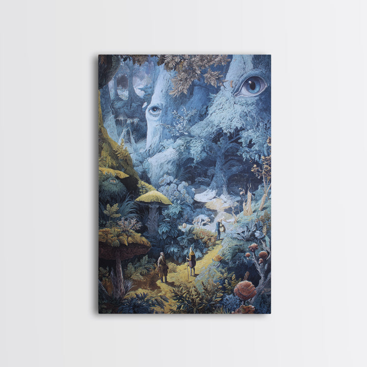Ancient Forest Faces Wall Art, Surreal Mushroom Path Fantasy Illustration, Whimsical Woodland Decor For Reading Nook Canvas Print