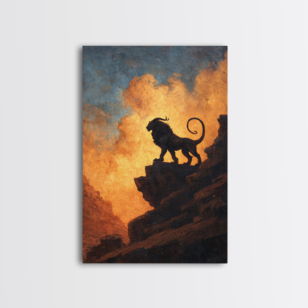 Black Lion On Sunset Cliff Canvas Print, Dramatic Wildlife Silhouette Wall Art, Rustic Safari Decor For Living Room Or Office