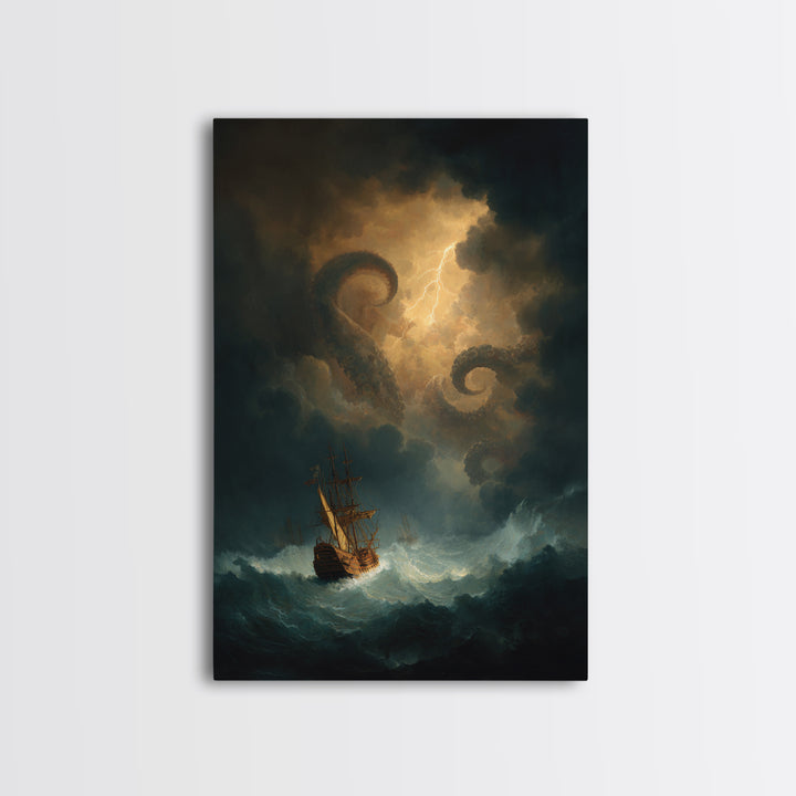 Kraken Sea Monster Wall Art, Stormy Ship Ocean Fantasy Painting, Dark Nautical Canvas Print For Gothic Coastal Decor Gift