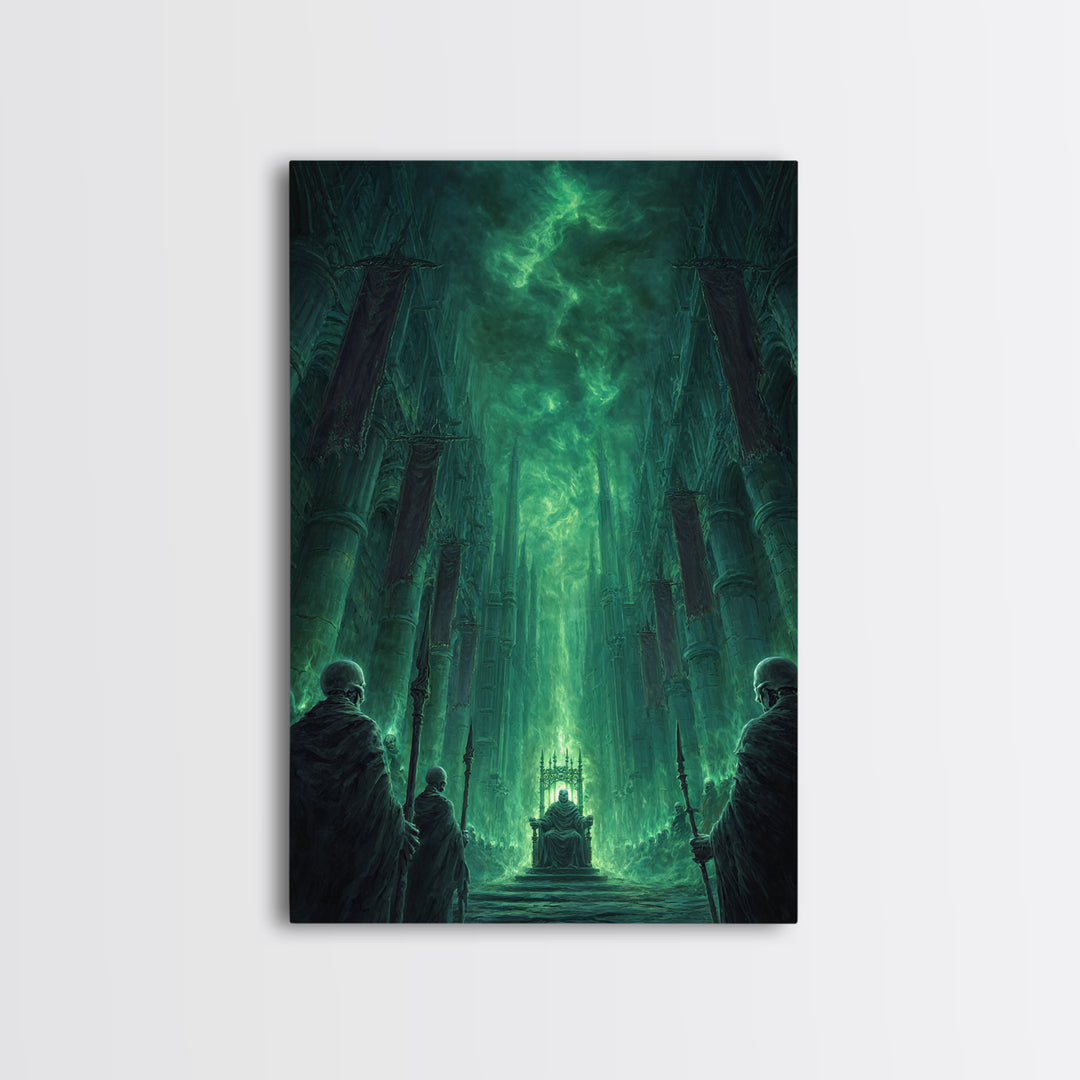 Emerald Gothic Throne Room Framed Canvas Print, Dark Fantasy Cathedral Wall Art, Moody Occult Decor For Office Or Library