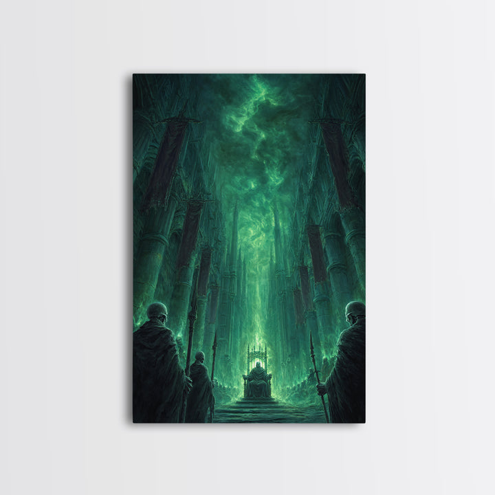 Emerald Gothic Throne Room Framed Canvas Print, Dark Fantasy Cathedral Wall Art, Moody Occult Decor For Office Or Library