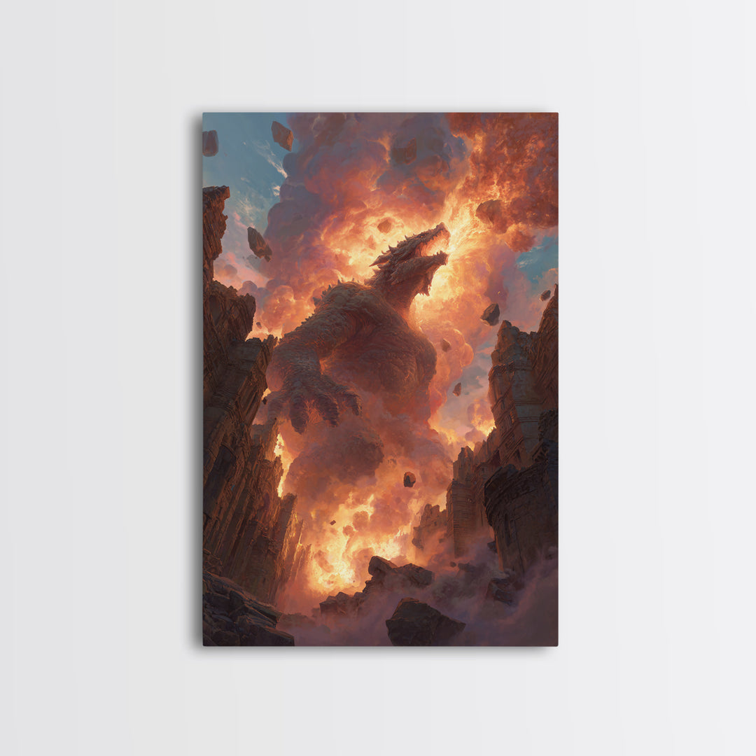 Titan Dragon Rising From Ruins Wall Art, Fiery Fantasy Monster Canvas Print, Epic Apocalyptic Decor For Gamer Room Gift