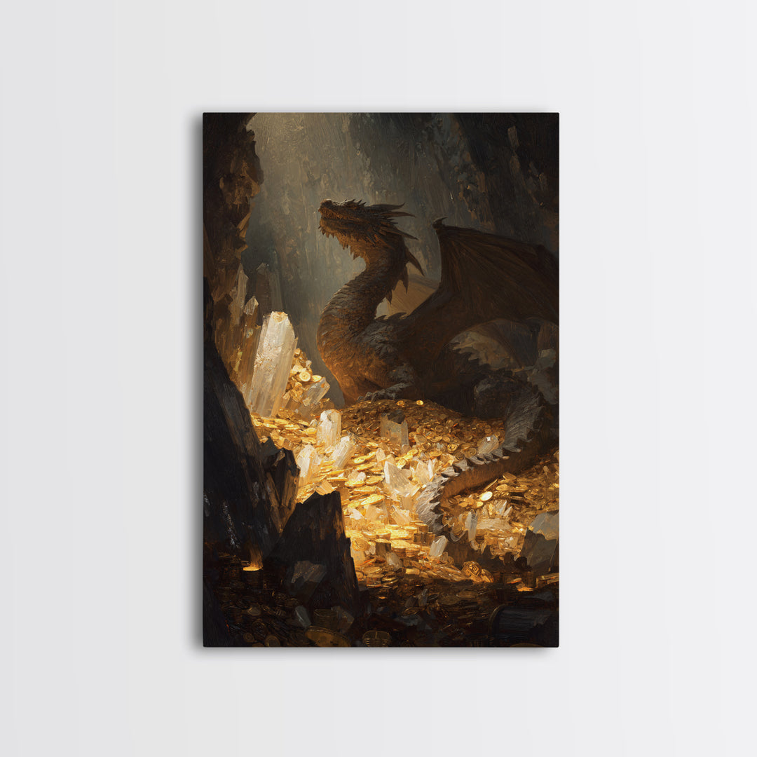 Dragon Guarding Crystal Treasure Framed Canvas Print, Dark Fantasy Cave Wall Art, Mythical Gold Hoard Decor For Gamer Room