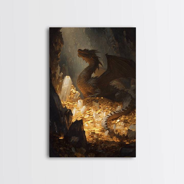 Dragon Guarding Crystal Treasure Framed Canvas Print, Dark Fantasy Cave Wall Art, Mythical Gold Hoard Decor For Gamer Room