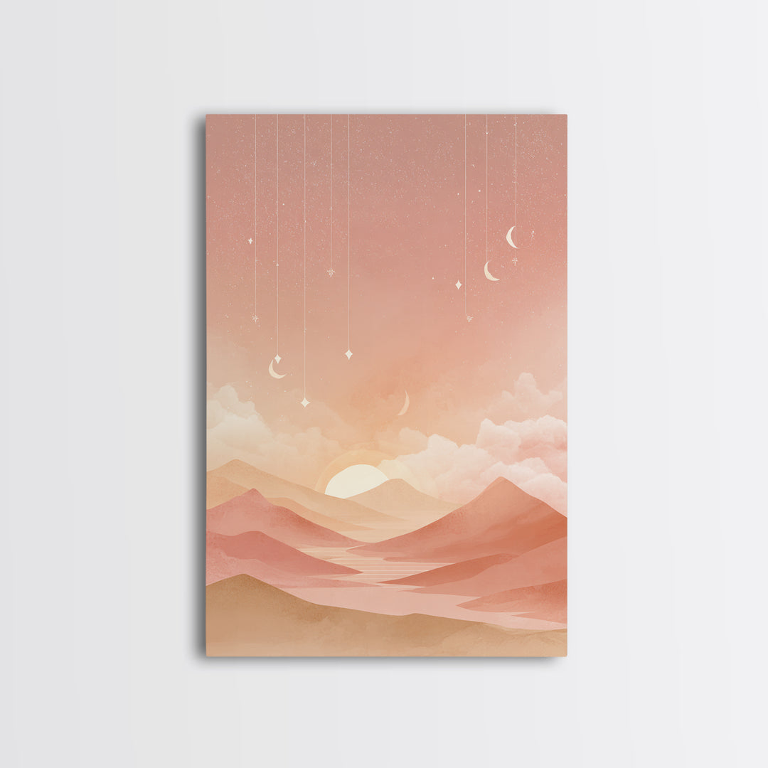 Peach Desert Sunrise Wall Art, Minimalist Moon Landscape Canvas, Boho Nursery Decor, Warm Neutral Bedroom Print Gift For Her