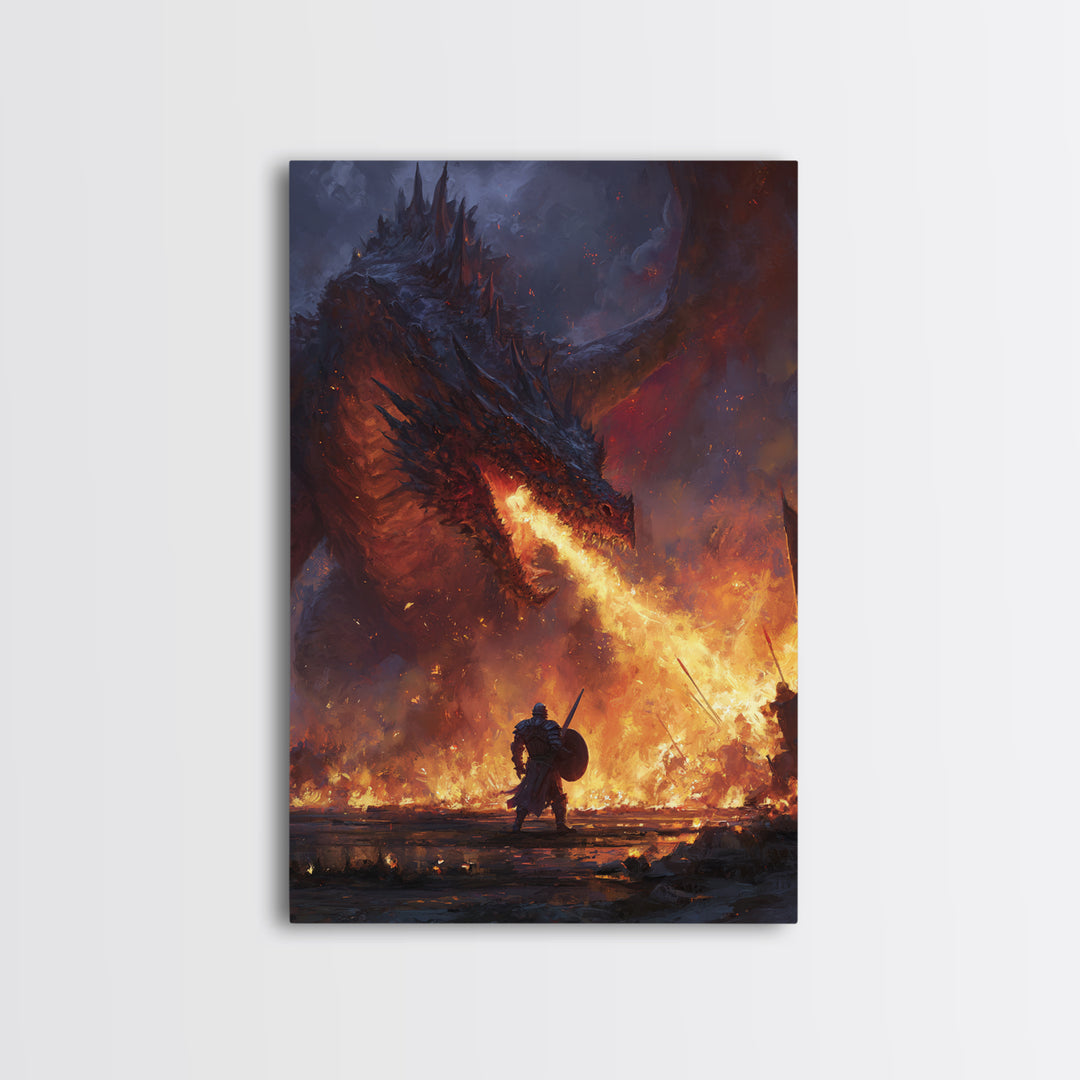Fire Breathing Dragon Battle Wall Art, Dark Fantasy Canvas Print, Medieval Warrior Decor, Gothic Game Room Gift For Him Art
