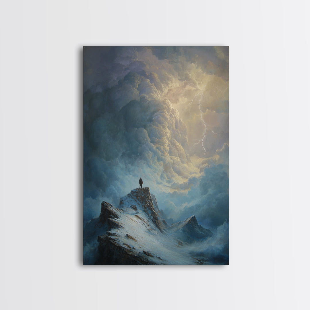 Lone Figure On Stormy Mountain Wall Art, Lightning Cloudscape Canvas Print, Moody Landscape Decor, Dark Academia Gift For Him