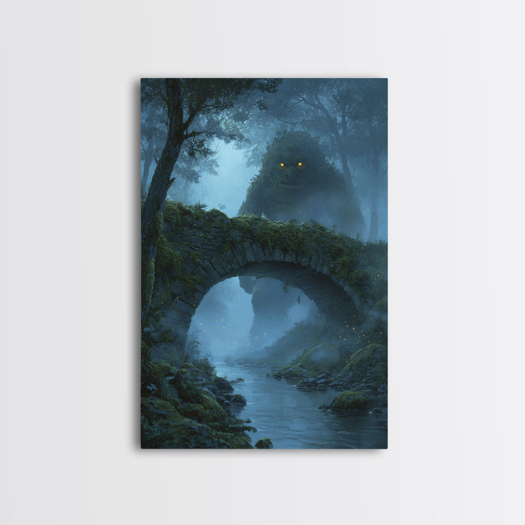 Glowing Eyed Forest Troll Wall Art, Enchanted Stone Bridge Canvas Print, Whimsical Fantasy Decor, Woodland Nursery Gift Art