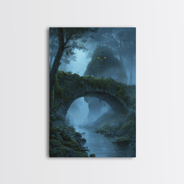 Glowing Eyed Forest Troll Wall Art, Enchanted Stone Bridge Canvas Print, Whimsical Fantasy Decor, Woodland Nursery Gift Art